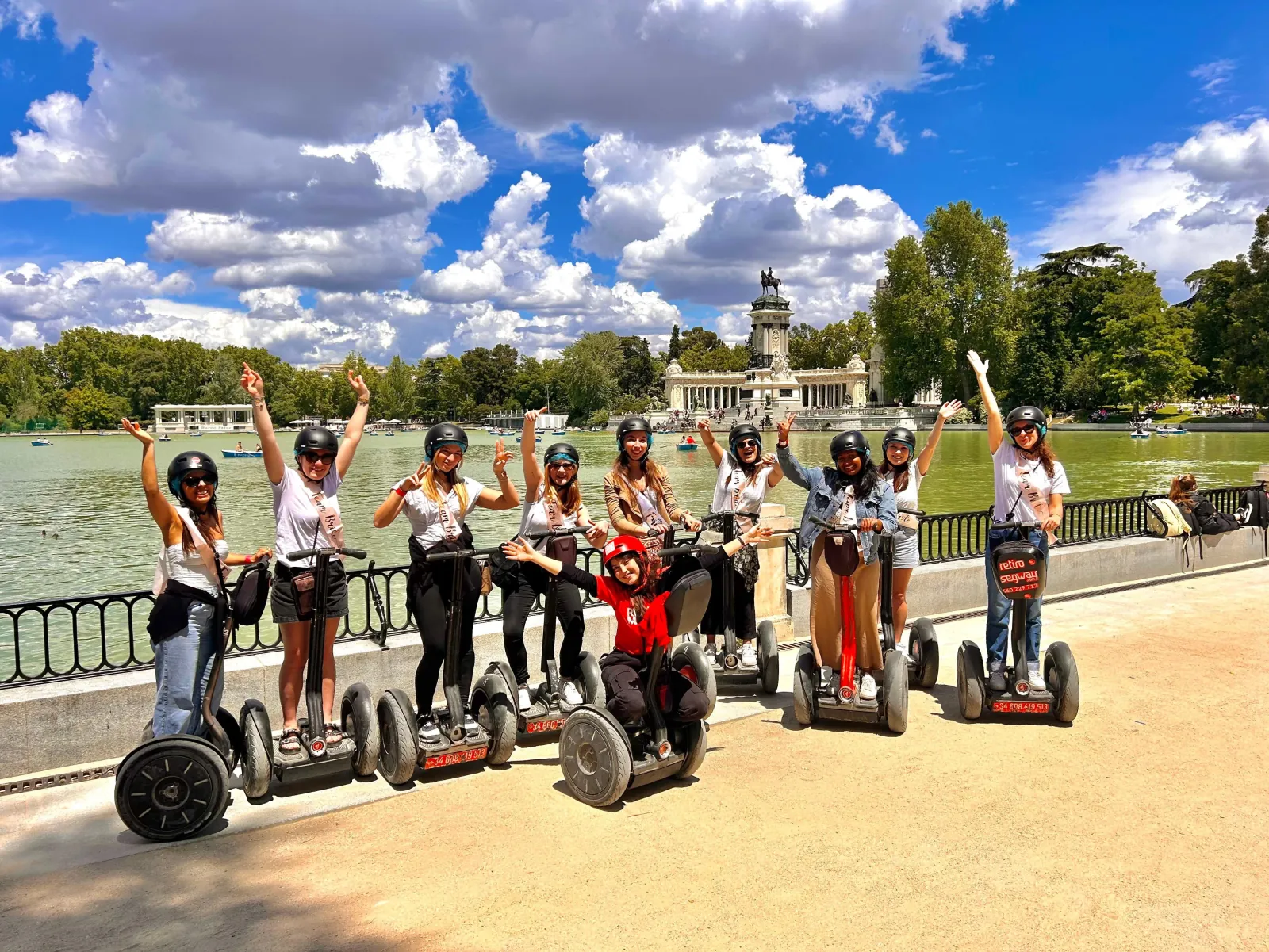 Segway group below the Alfonso XII colonnade at the Estanque Grande