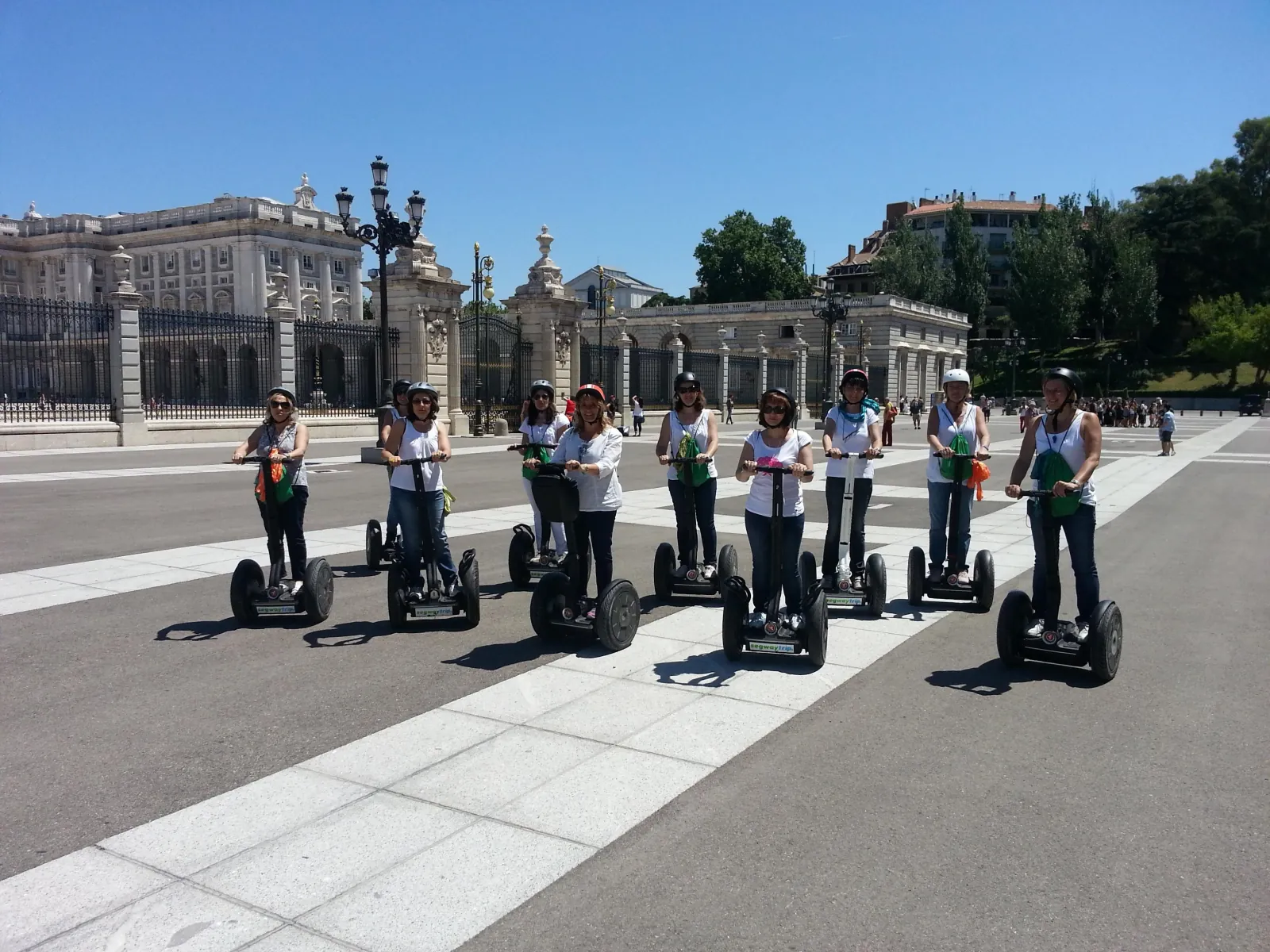 Segways lined up on the Plaza de Oriente in front of the Royal Palace