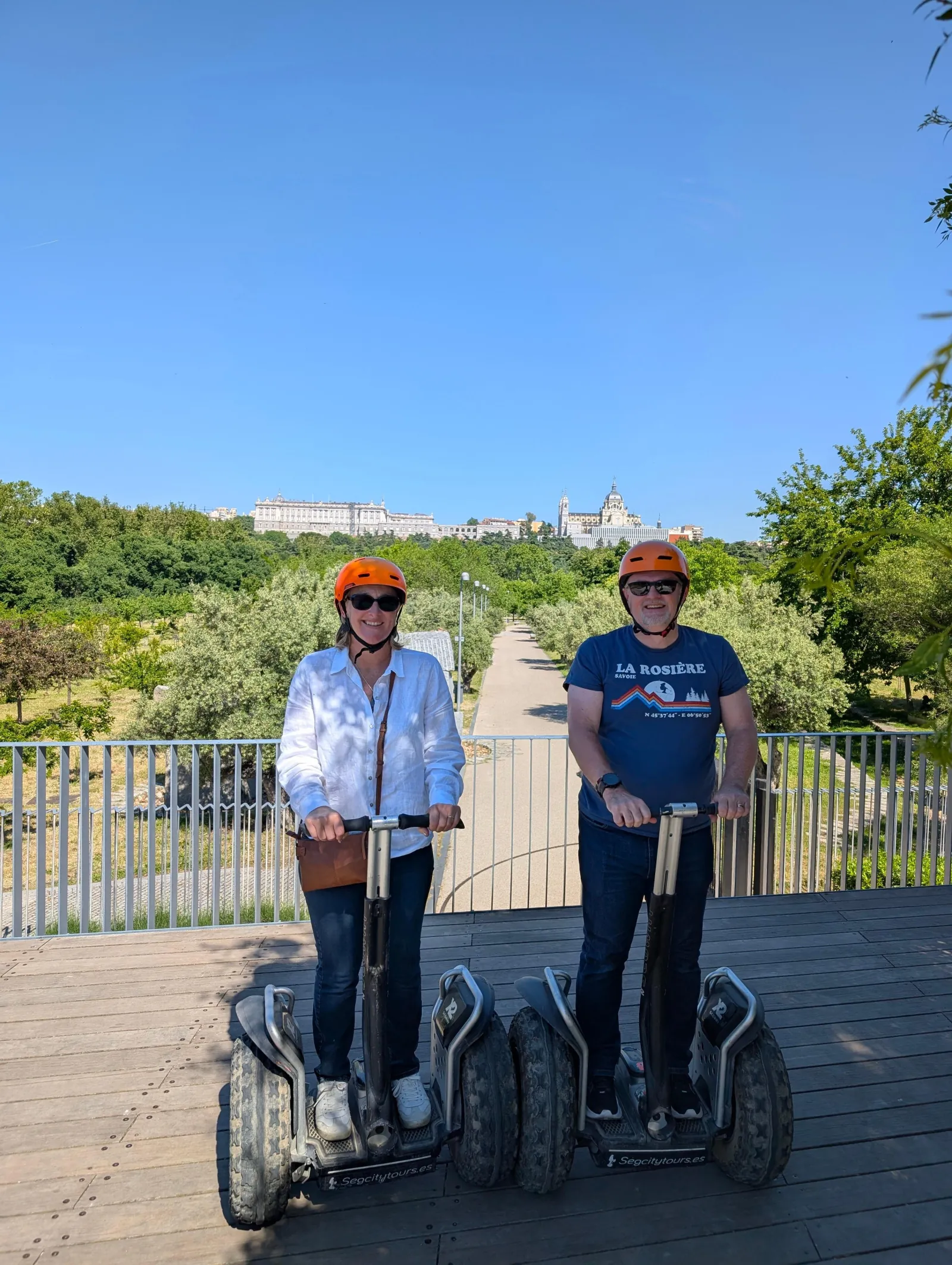 Two riders on all-terrain Segways in Casa de Campo, Madrid